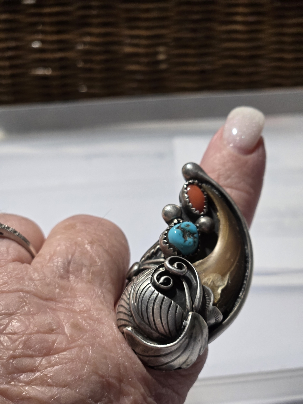 Handcrafted Navajo Bear Claw  Ring with Turquoise and Coral Accents In SS